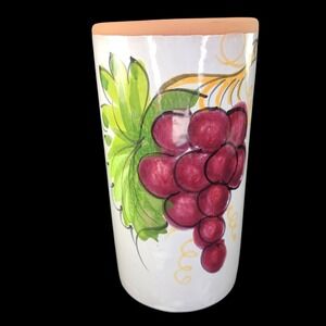 Pier 1 Terra Cotta Wine Chiller Utensil Holder Purple Grapes Hand Painted Italy